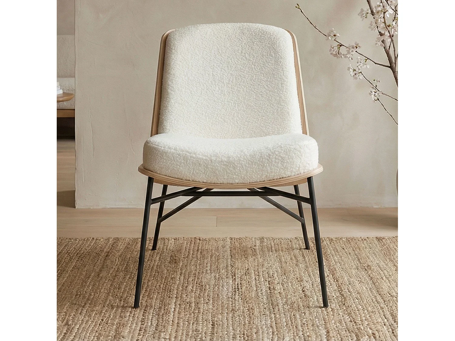 Fauteuil moderne Gauguin Bois clair et Tissu bouclette Crème
