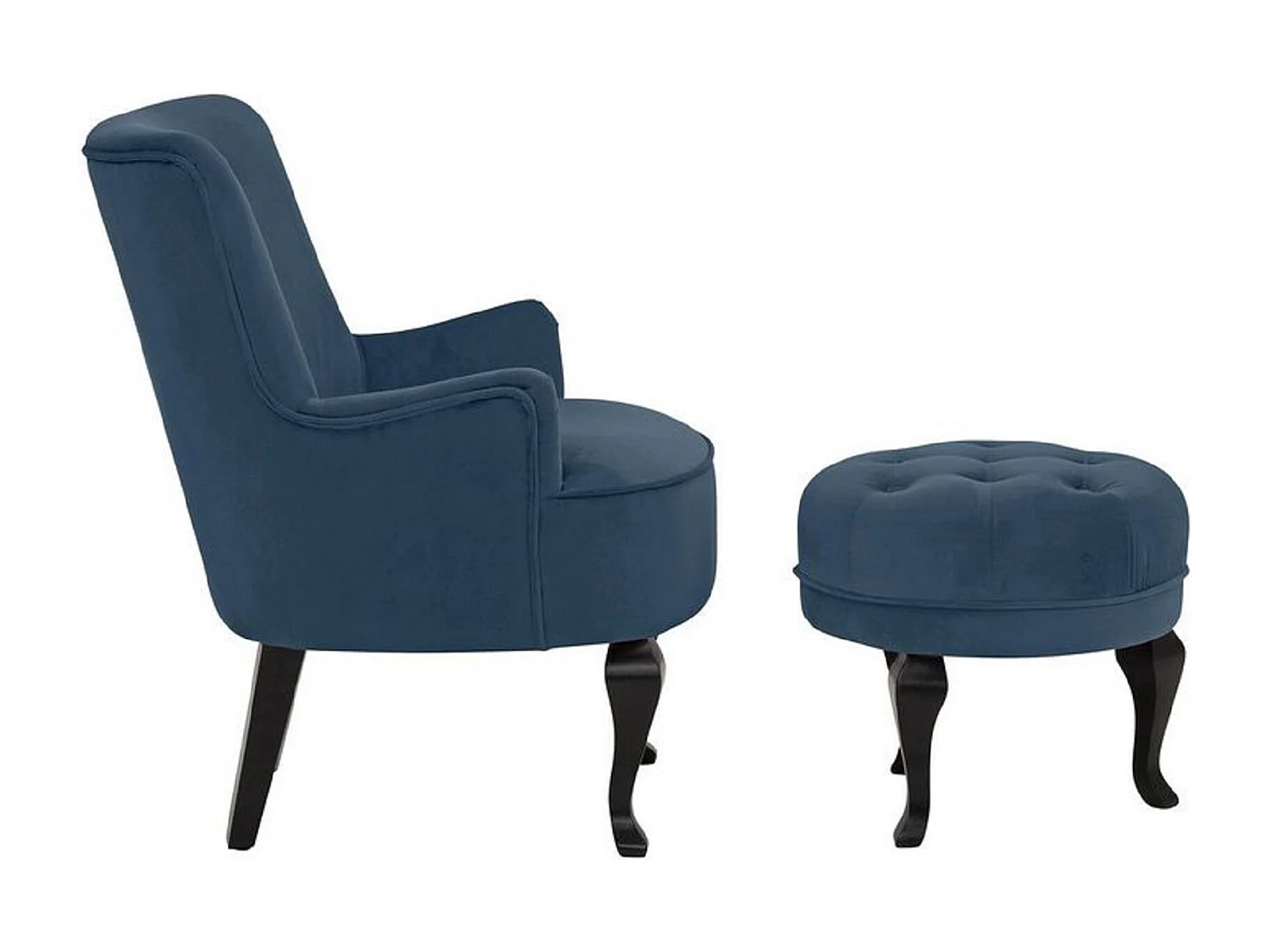 Dallas | Fauteuil + tabouret en velours bleu