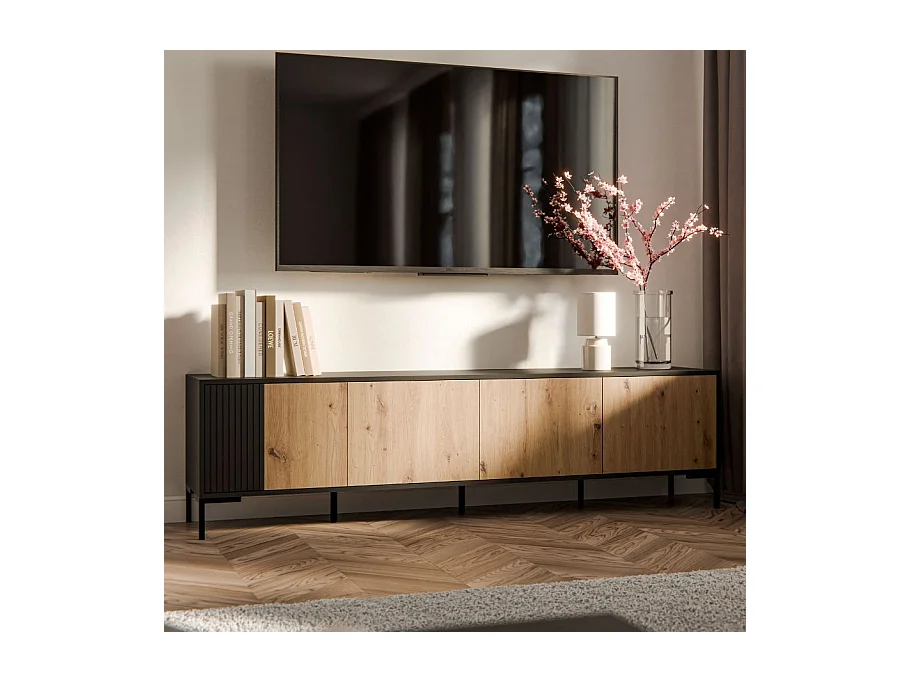 Meuble télé noir et bois 200cm - 4 portes - Polo