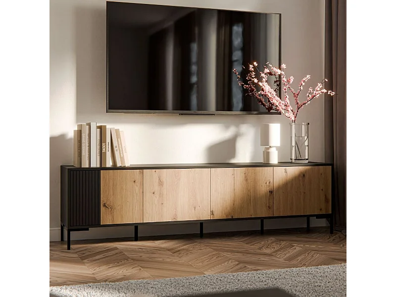 Meuble télé noir et bois 200cm - 4 portes - Polo