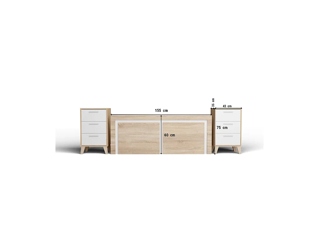 Cabecero de 155x60cm para Camas de 135 a 150 y Dos mesitas de Noche (Pata Alta, 3 Cajones) - Buyqualia