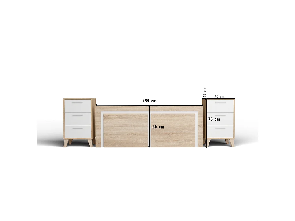 Cabecero de 155x60cm para Camas de 135 a 150 y Dos mesitas de Noche (Pata Alta, 3 Cajones) - Buyqualia