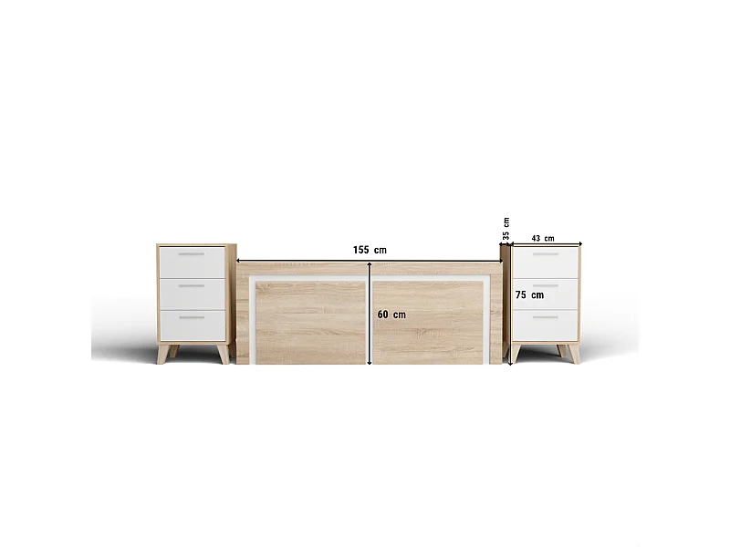 Cabecero de 155x60cm para Camas de 135 a 150 y Dos mesitas de Noche (Pata Alta, 3 Cajones) - Buyqualia