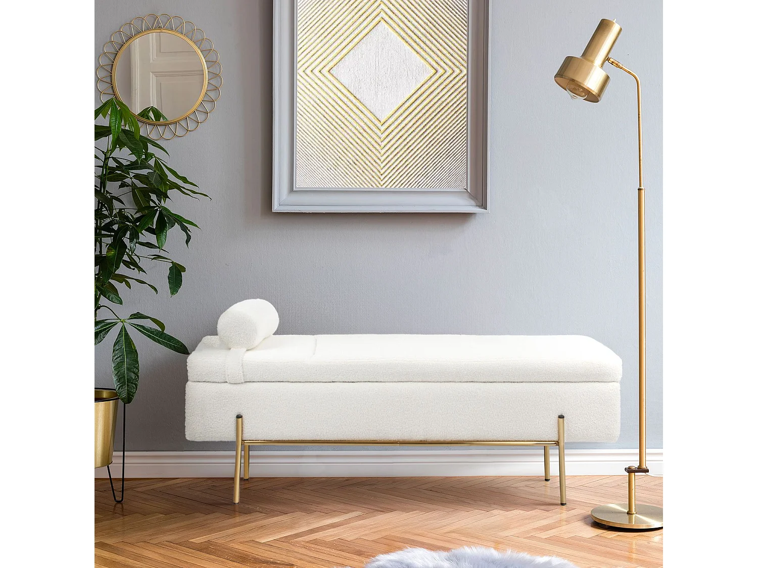 Banquette-coffre moderne Hepburn L140cm Tissu bouclette Blanc