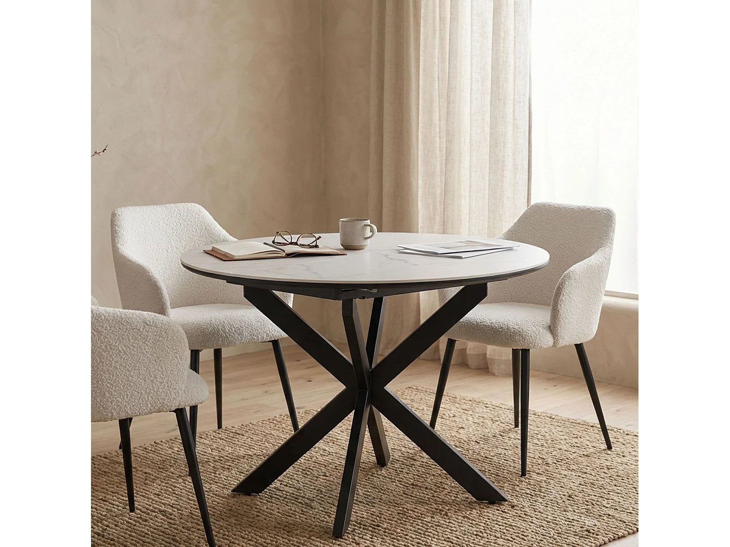 Table extensible Tyrese 160cm pieds en étoile et plateau effet marbre Blanc