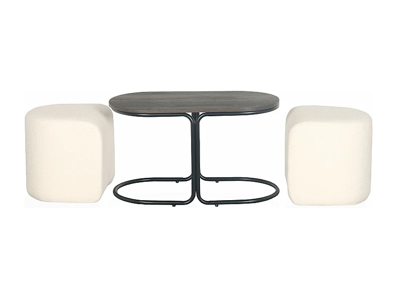 Table basse avec 2 poufs Livaretti Bois foncé et Tissu bouclette Crème