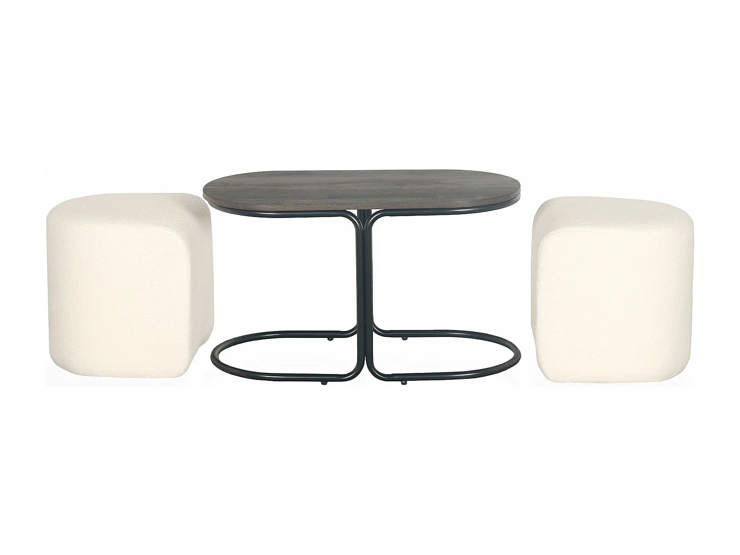 Tavolino con 2 pouf Livaretti Legno scuro e tessuto bouclette crema