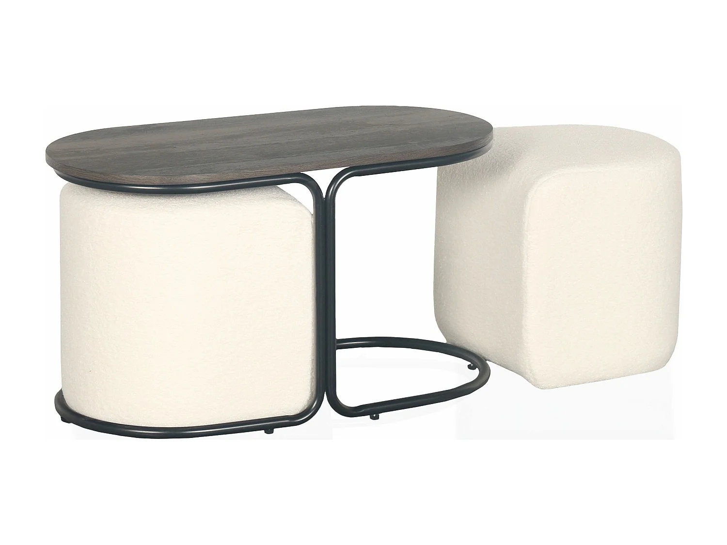 Tavolino con 2 pouf Livaretti Legno scuro e tessuto bouclette crema