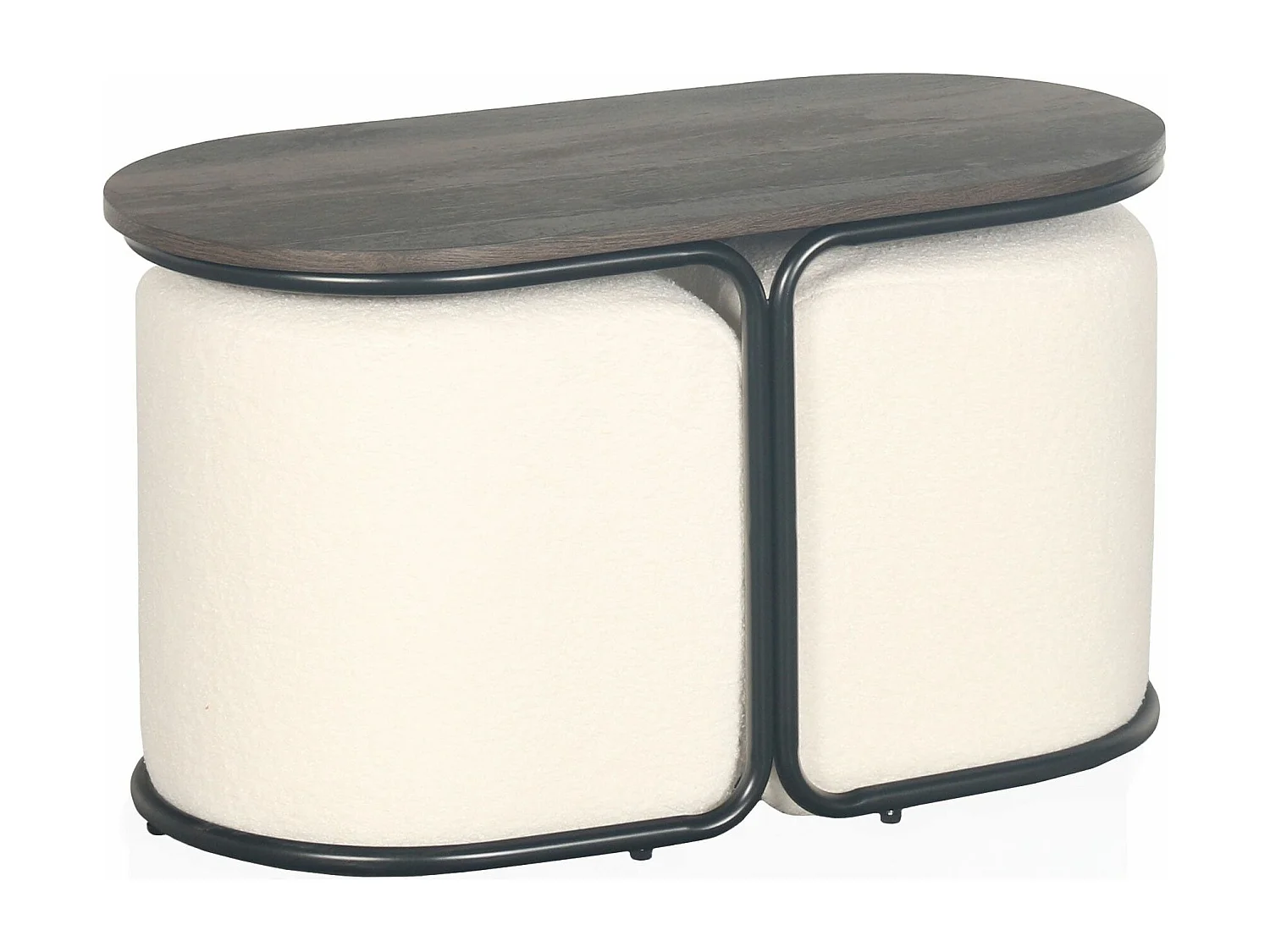 Tavolino con 2 pouf Livaretti Legno scuro e tessuto bouclette crema