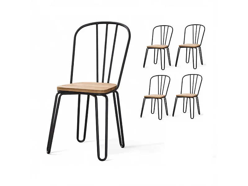 Lot de 4 chaises en métal noir mat style industriel et assise en bois clair – Pieds en épingle