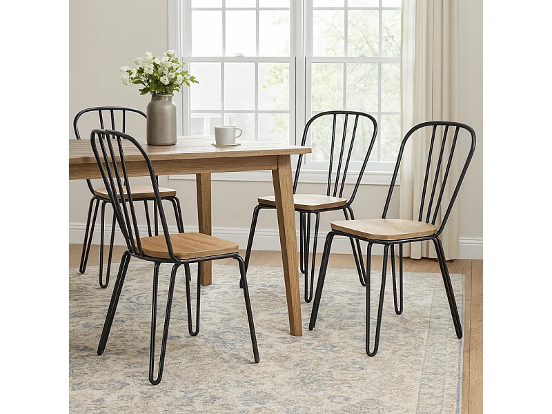 Lot de 4 chaises en métal noir mat style industriel et assise en bois clair – Pieds en épingle
