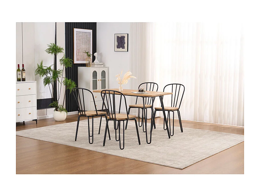 Lot de 4 chaises en métal noir mat style industriel et assise en bois clair – Pieds en épingle
