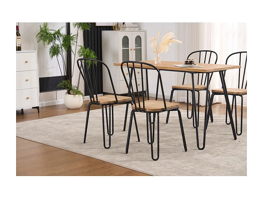 Lot de 4 chaises en métal noir mat style industriel et assise en bois clair – Pieds en épingle