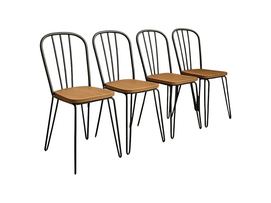 Lot de 4 chaises en métal noir mat style industriel et assise en bois clair – Pieds en épingle