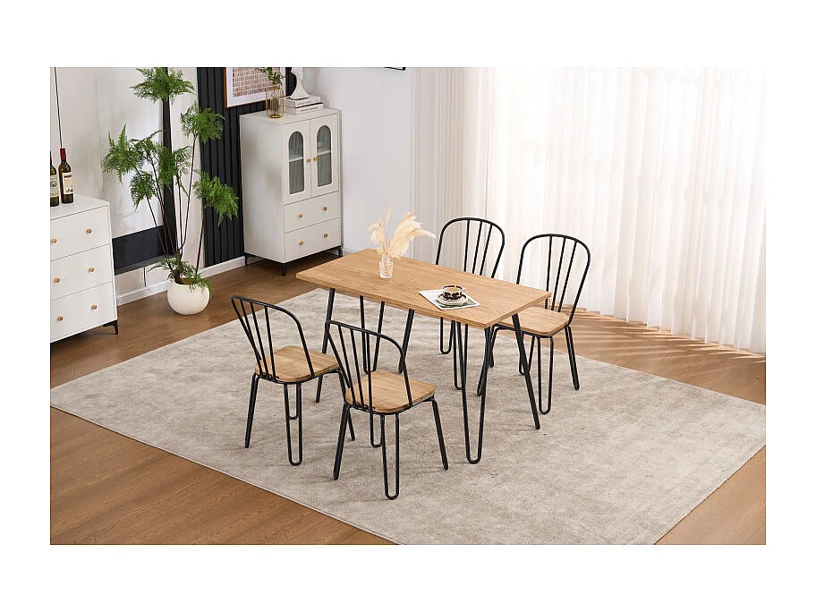 Lot de 4 chaises en métal noir mat style industriel et assise en bois clair – Pieds en épingle