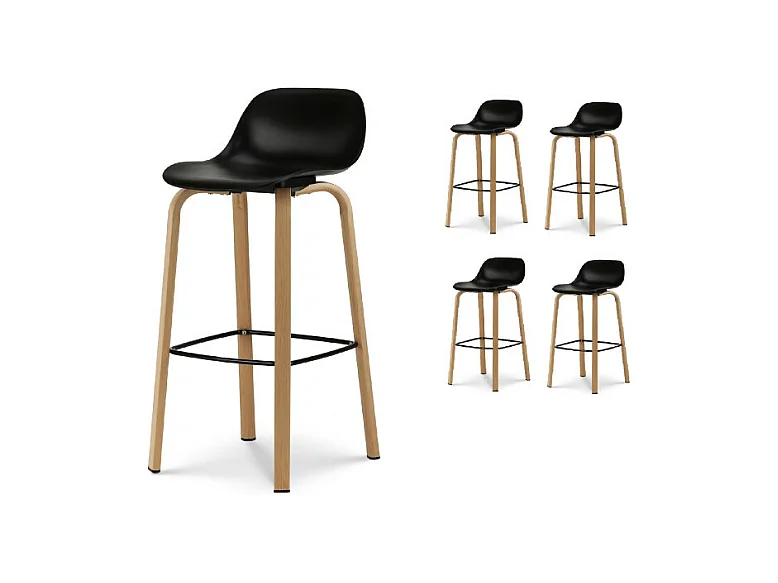 Lot de 4 tabourets de bar noirs style scandinave avec pieds effet bois en métal - Hauteur 66cm