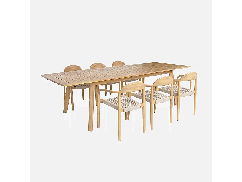 Table de jardin extensible bois d'acacia + 6 assises en résine couleur naturel Palena + Cerina