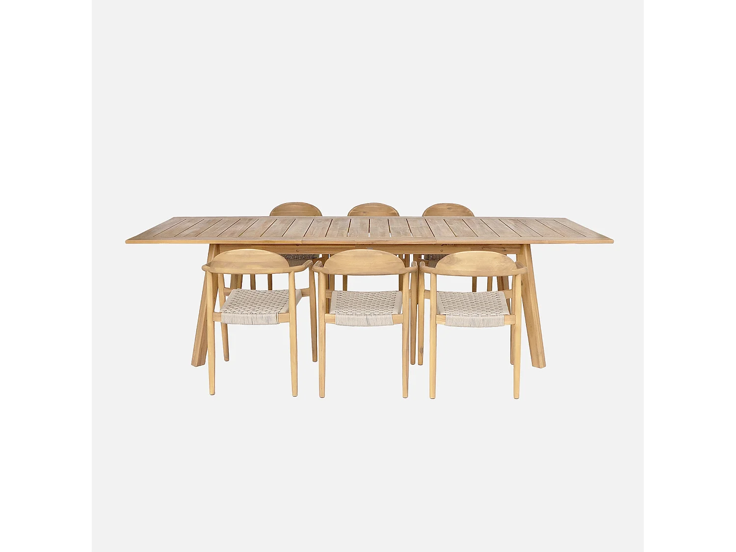 Table de jardin extensible bois d'acacia + 6 assises en résine couleur naturel Palena + Cerina