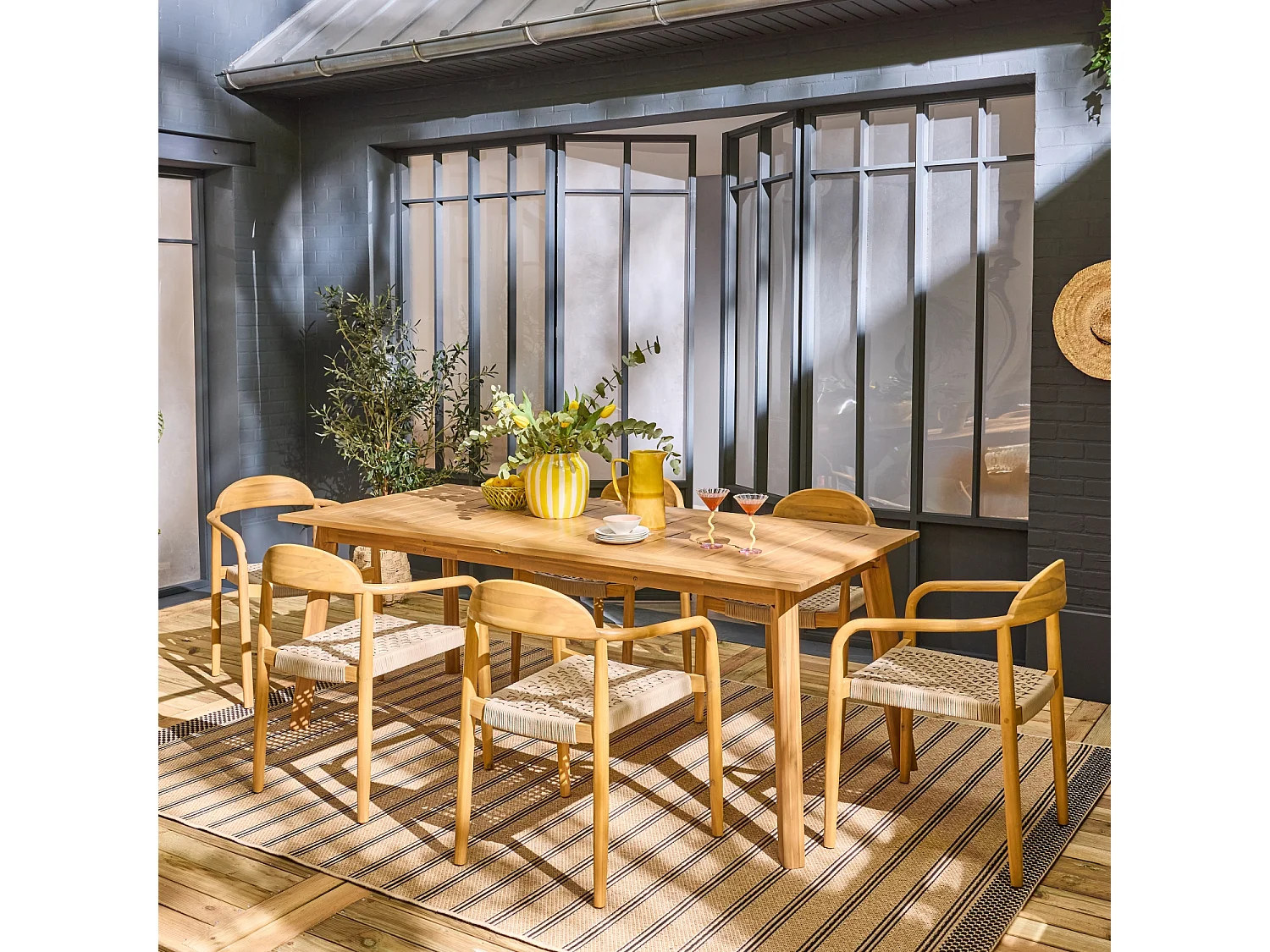 Table de jardin extensible bois d'acacia + 6 assises en résine couleur naturel Palena + Cerina