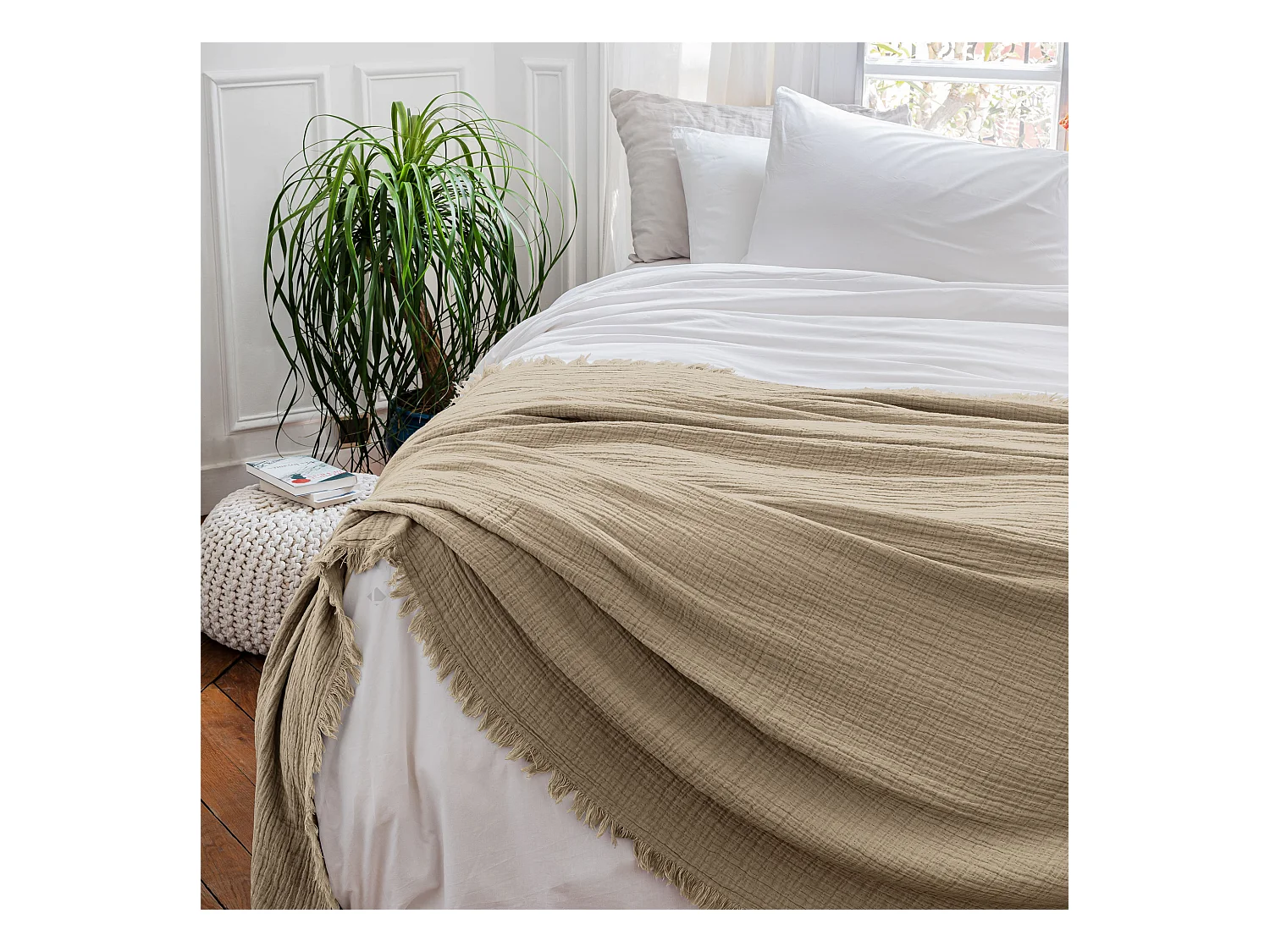Dessus de lit 230x250 cm BREHAT 100% gaze de coton marron galet