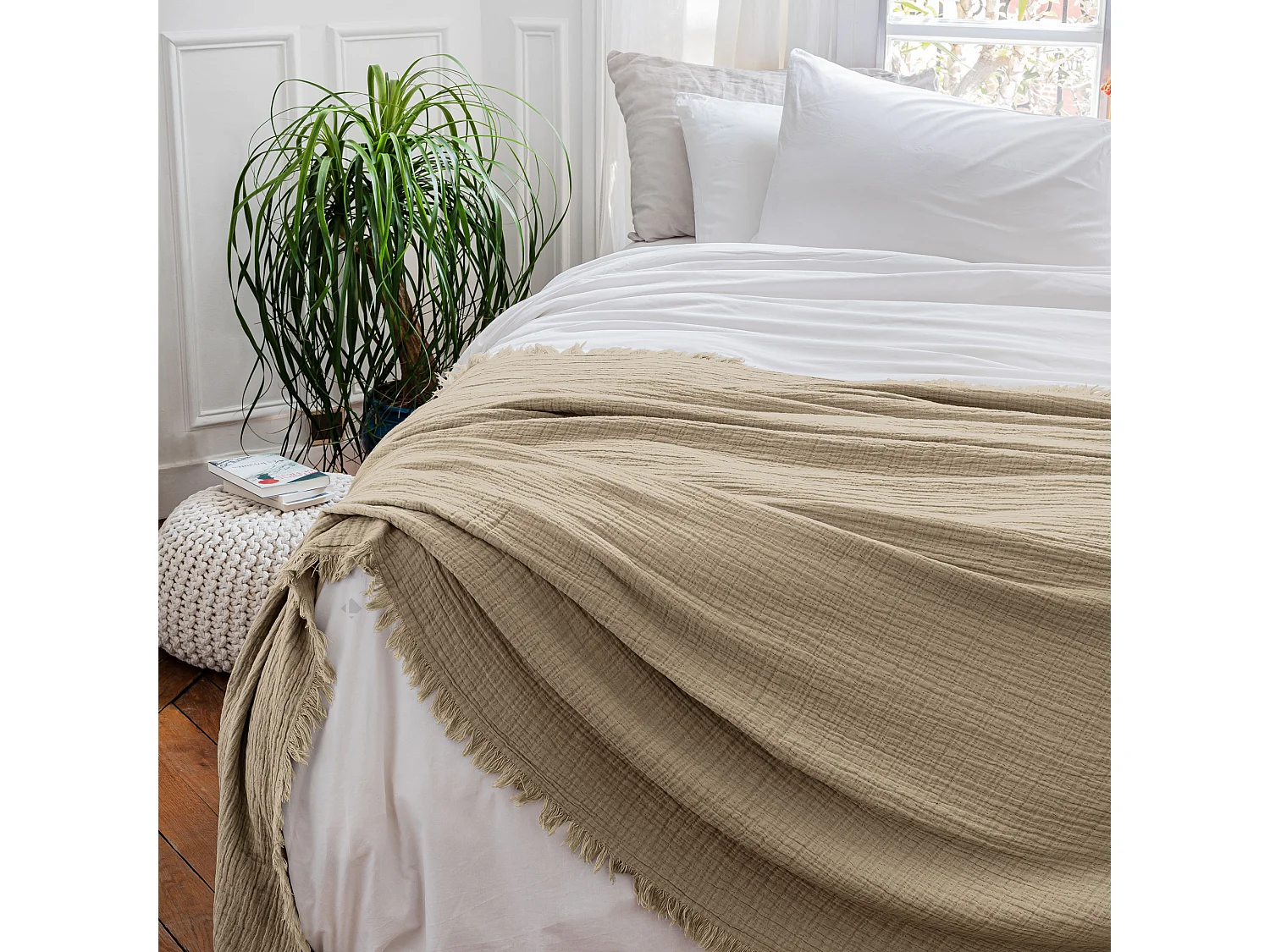 Dessus de lit 230x250 cm BREHAT 100% gaze de coton marron galet