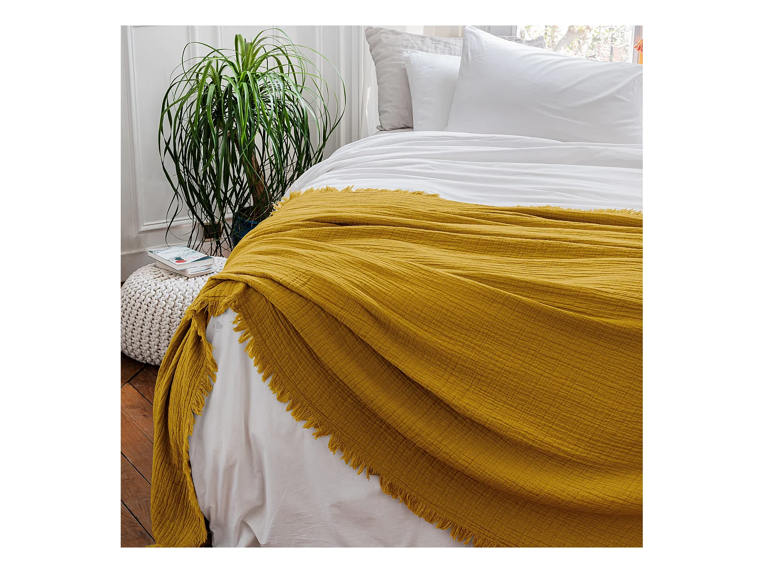 Dessus de lit 230x250 cm BREHAT 100% gaze de coton jaune miel