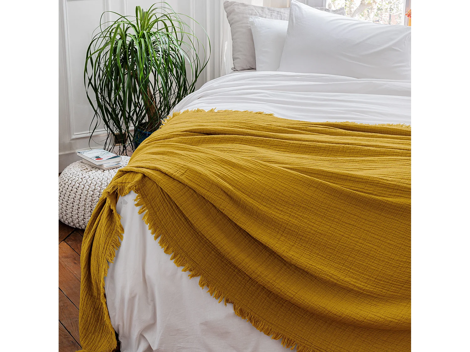 Dessus de lit 230x250 cm BREHAT 100% gaze de coton jaune miel