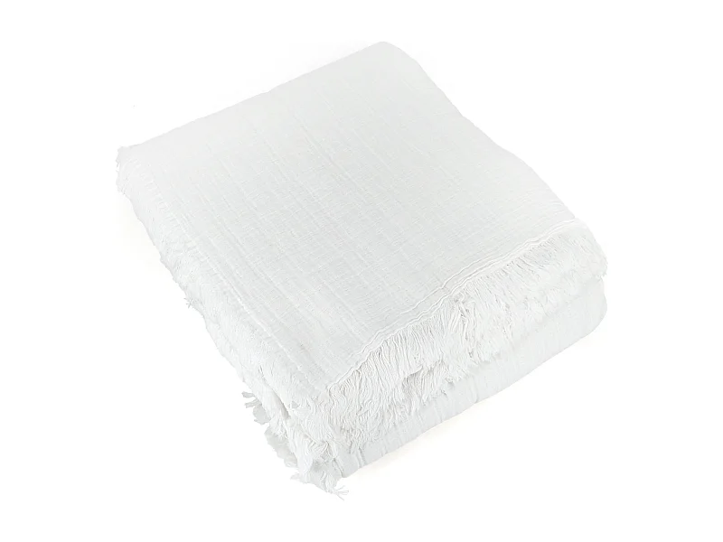 Dessus de lit frange 270x250 cm BREHAT 100% gaze de coton blanc