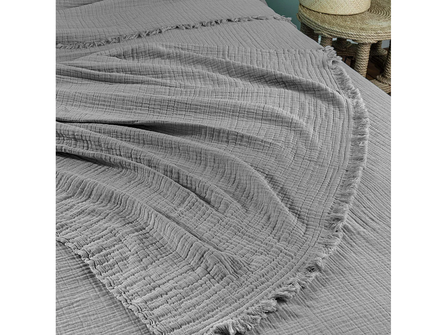 Dessus de lit 270x250 cm BREHAT 100% gaze de coton gris flanelle