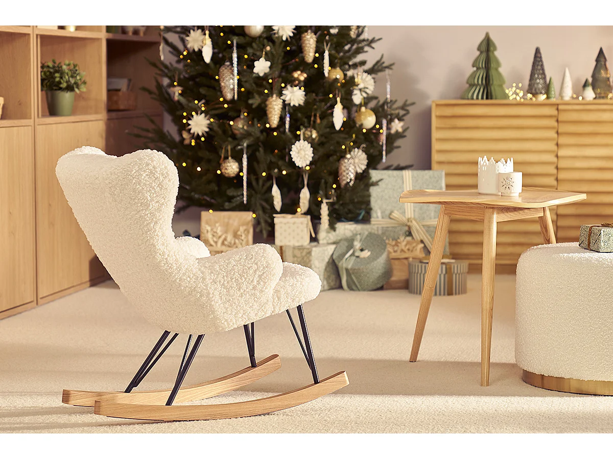 Rocking chair enfant en tissu effet peau de mouton blanc, métal noir et bois clair SHAUN