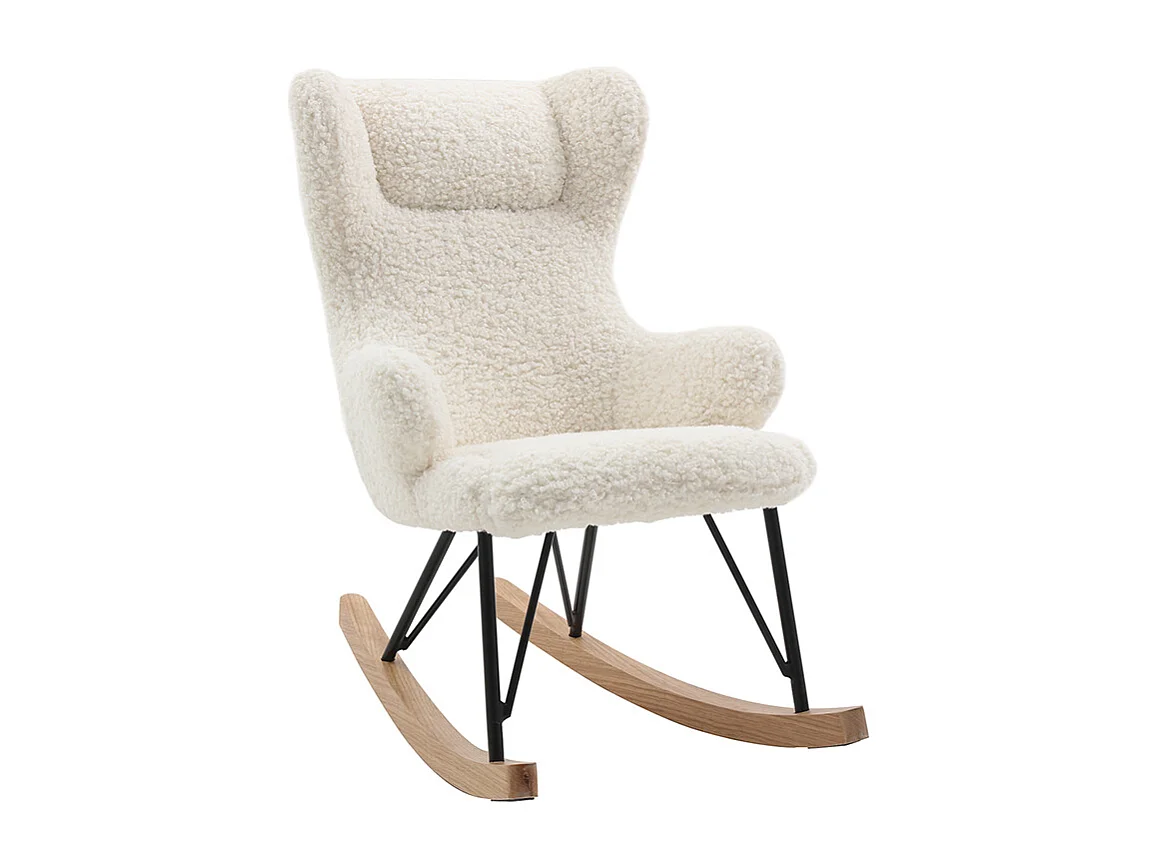 Rocking chair enfant en tissu effet peau de mouton blanc, métal noir et bois clair SHAUN