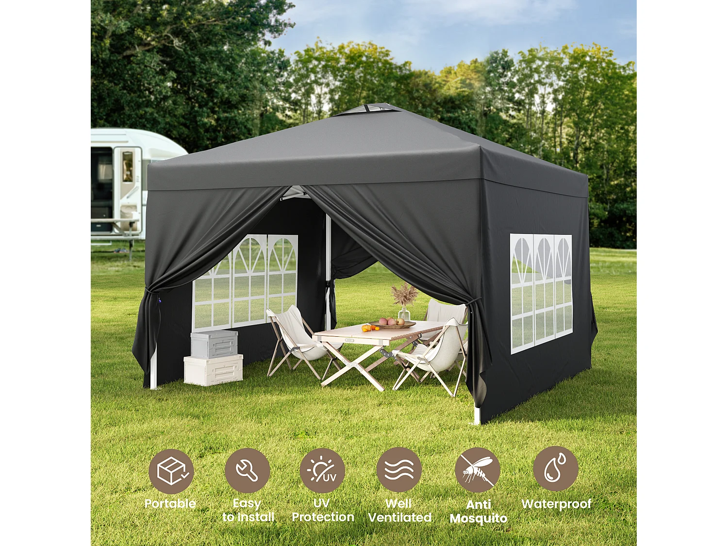 Bealife vouwbare tuinhuis 3 m x 3 m – Eenvoudig te monteren, Groot oppervlak, zwart