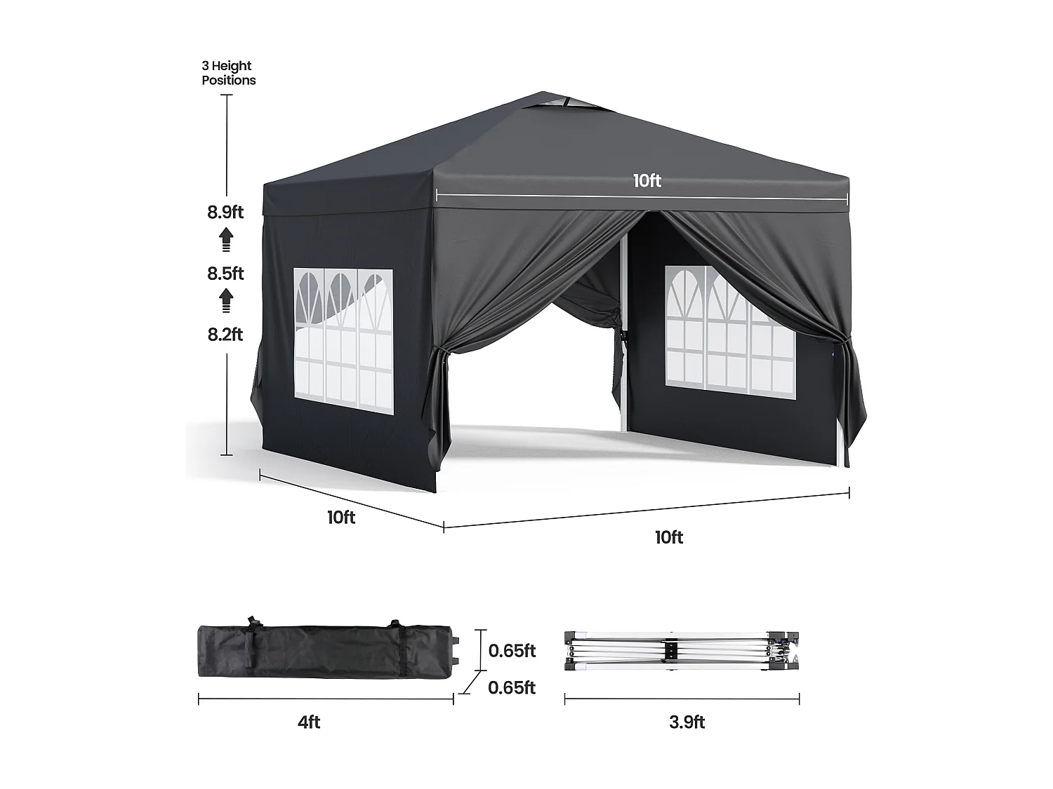 Bealife vouwbare tuinhuis 3 m x 3 m – Eenvoudig te monteren, Groot oppervlak, zwart
