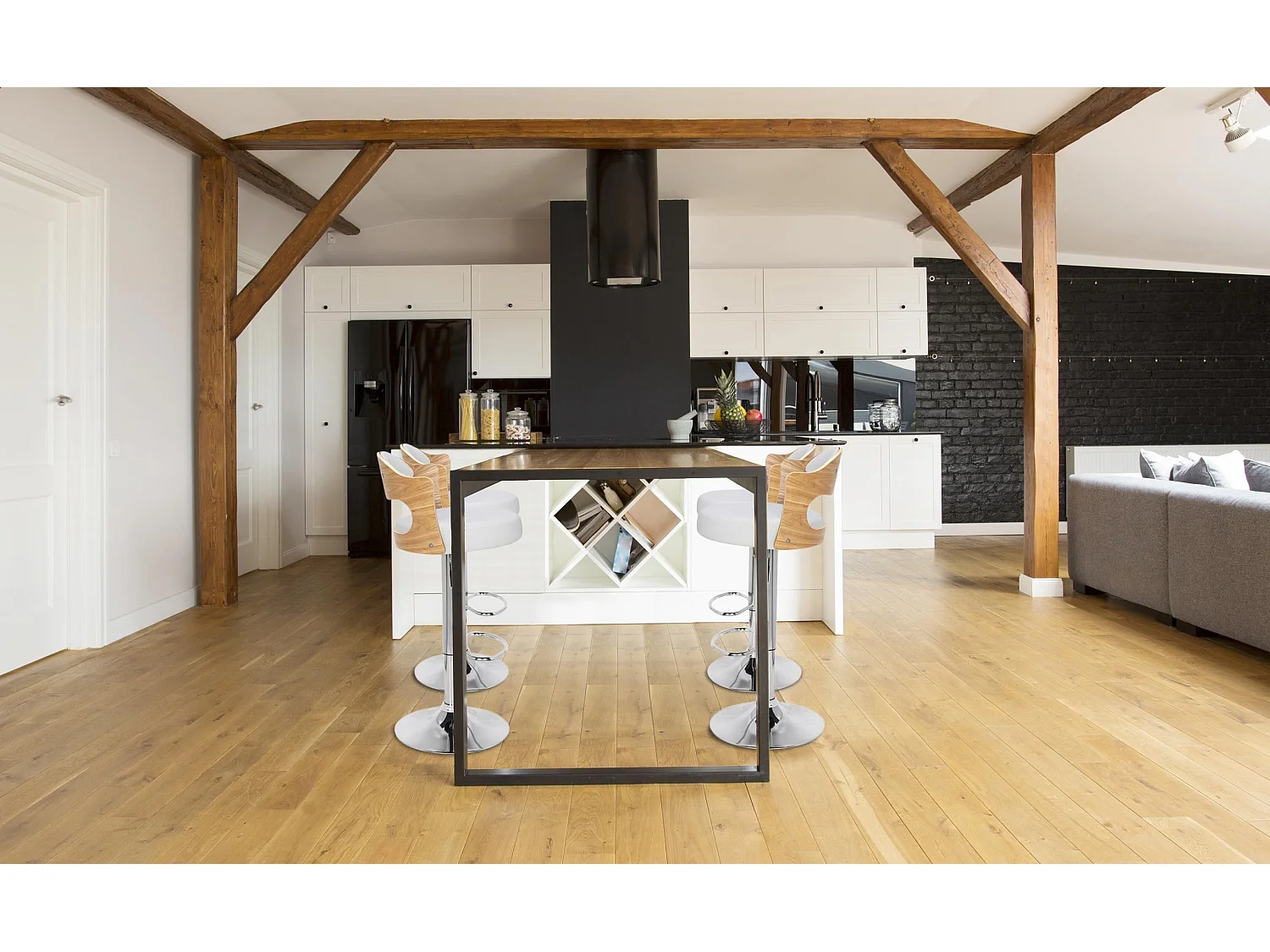 Lot de 4 chaises de bar Ruben Chêne clair et Simili Blanc