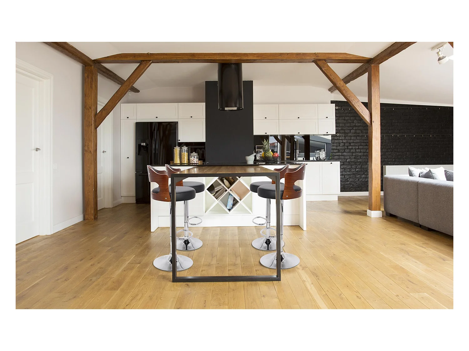 Lot de 4 chaises de bar Ruben Bois Noisette et Simili Noir