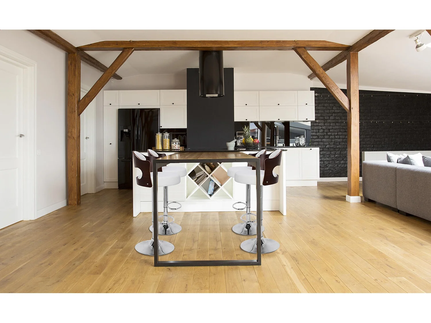 Lot de 4 chaises de bar Ruben Bois Noisette et Simili Blanc