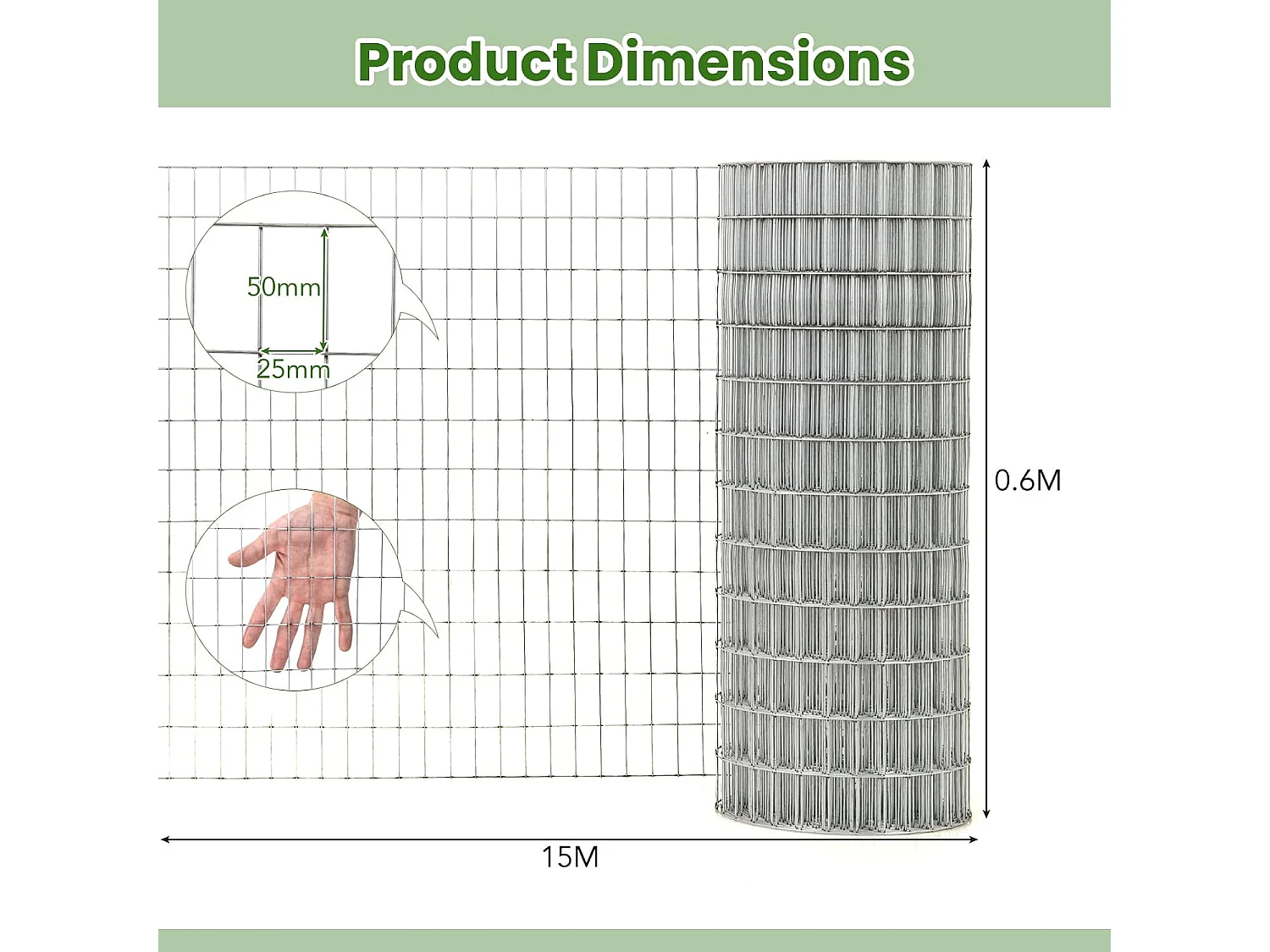 Draadgaas fijnmazig, 15 m x 0,6 m, 50 x 25 mm maasgat, gegalvaniseerd, woelmuisrooster voor verhoogde bloembedden in de tuin, volièregaas, kippengaas, zilver SF6414
