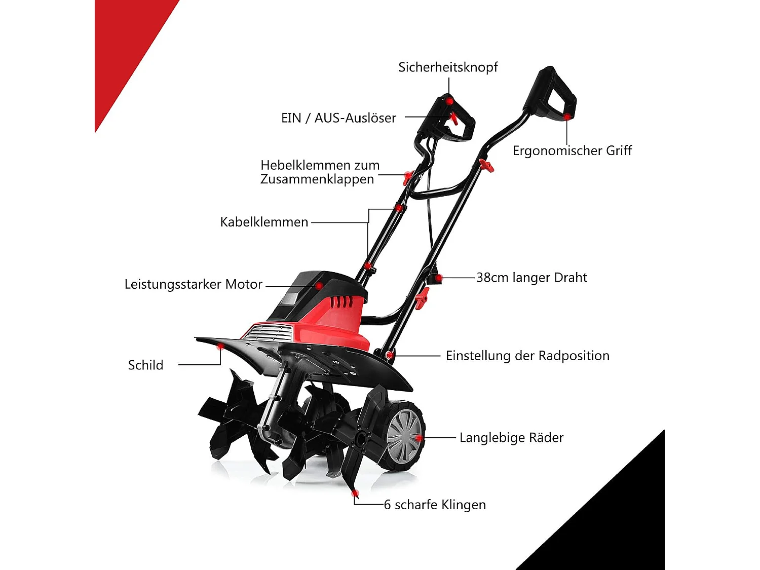 Elektrische grondfrees, tuinfrees, 6 hakmessen, 1500 W, 22 cm werkdiepte, 43 cm werkbreedte, 400 omw/mSF5709
