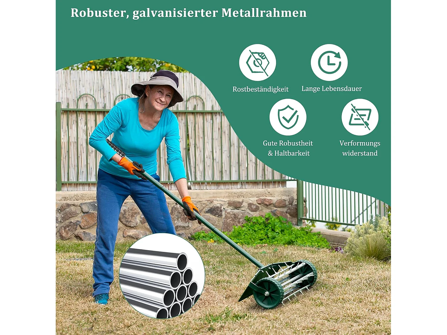 Gazonventilatorroller, gazonrol met steel, 3 cm spijkers en spatbescherming, handverticuteermachine rollend, gazonbeluchter handmatig, verticuteerder gazonwals voor