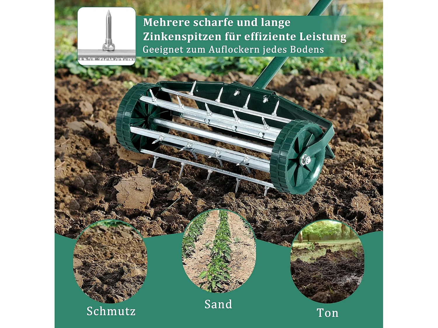 Gazonventilatorroller, gazonrol met steel, 3 cm spijkers en spatbescherming, handverticuteermachine rollend, gazonbeluchter handmatig, verticuteerder gazonwals voor