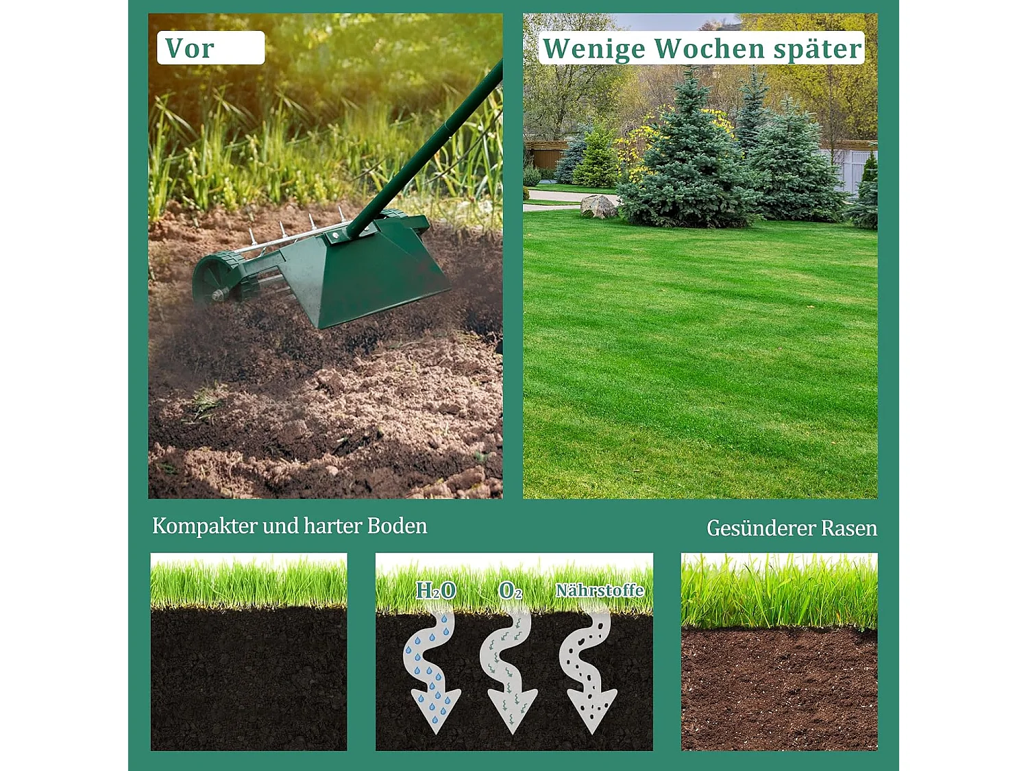 Gazonventilatorroller, gazonrol met steel, 3 cm spijkers en spatbescherming, handverticuteermachine rollend, gazonbeluchter handmatig, verticuteerder gazonwals voor