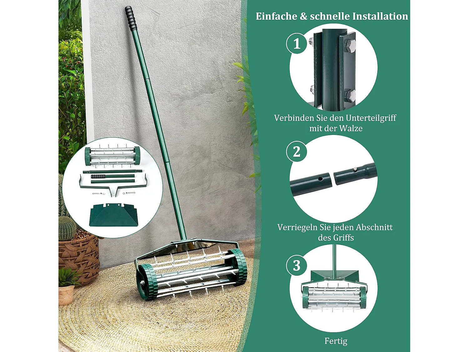 Gazonventilatorroller, gazonrol met steel, 3 cm spijkers en spatbescherming, handverticuteermachine rollend, gazonbeluchter handmatig, verticuteerder gazonwals voor