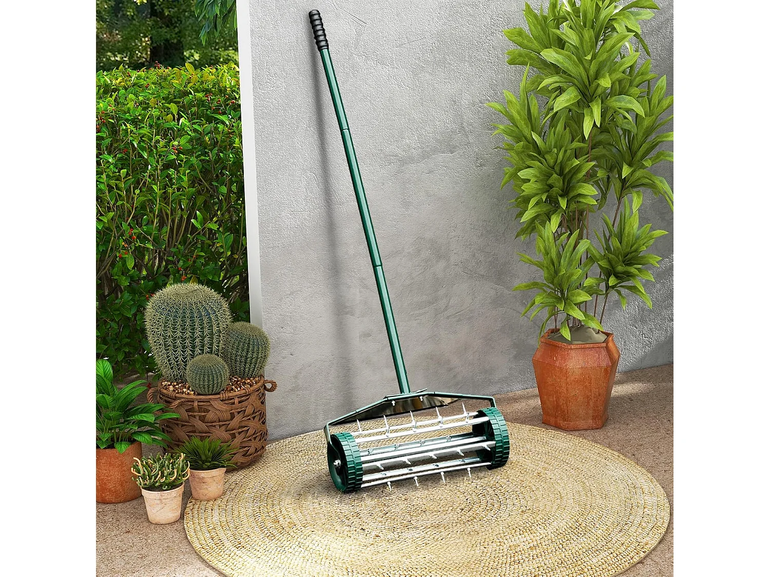 Gazonventilatorroller, gazonrol met steel, 3 cm spijkers en spatbescherming, handverticuteermachine rollend, gazonbeluchter handmatig, verticuteerder gazonwals voor