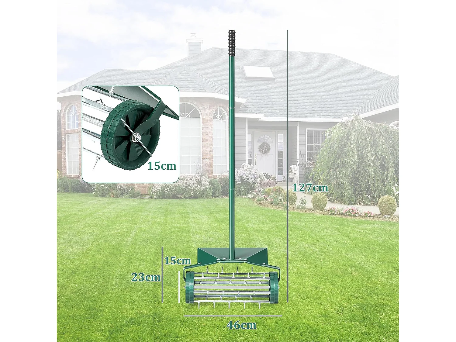 Gazonventilatorroller, gazonrol met steel, 3 cm spijkers en spatbescherming, handverticuteermachine rollend, gazonbeluchter handmatig, verticuteerder gazonwals voor