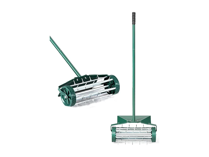 Gazonventilatorroller, gazonrol met steel, 3 cm spijkers en spatbescherming, handverticuteermachine rollend, gazonbeluchter handmatig, verticuteerder gazonwals voor