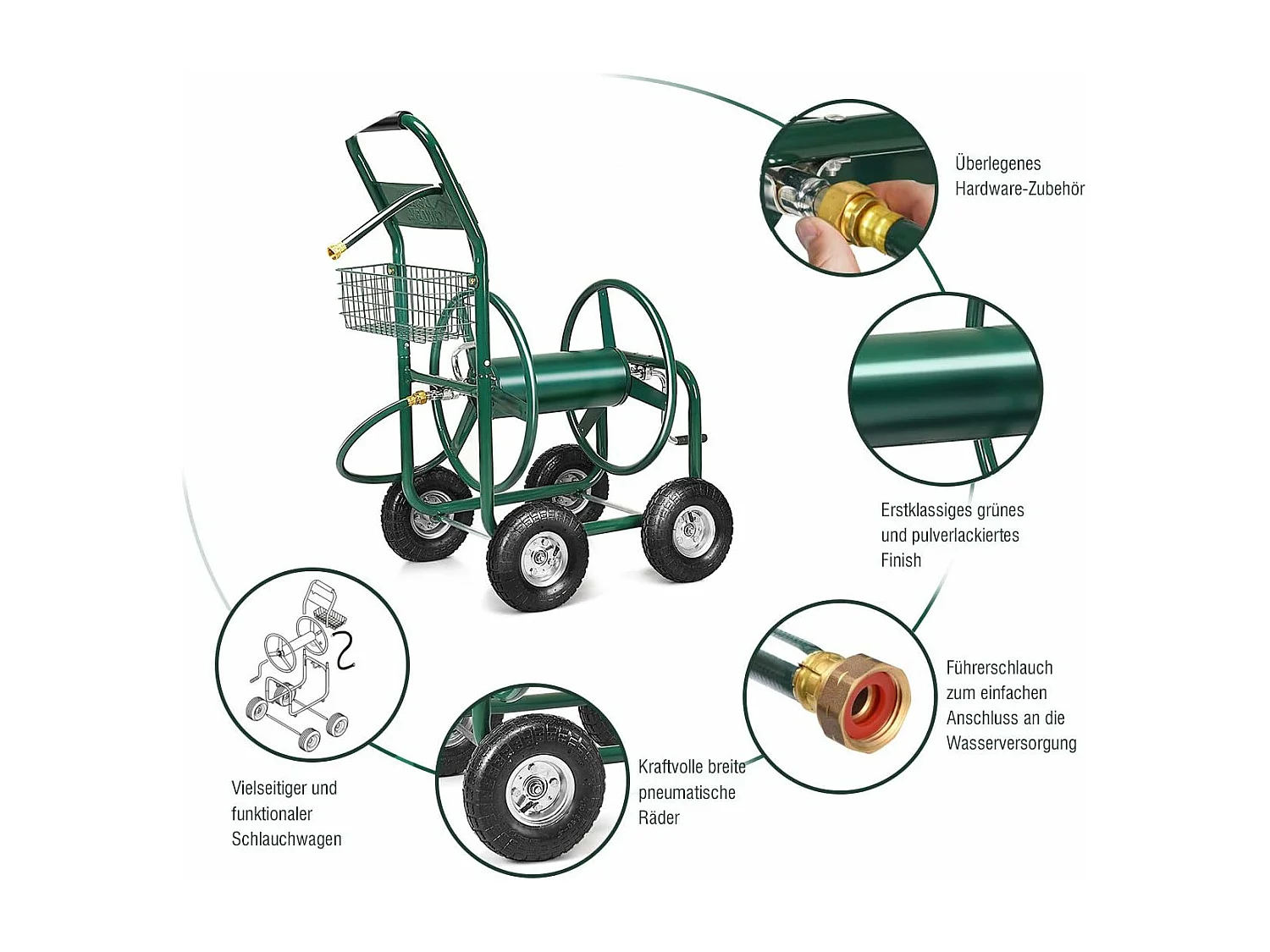 Slangwagen voor tuinslang, 80 m, voor 5/8 inch slang, slanghaspel met mand, slanghouder metaal, slanghaspel met 189 cm aansluitslang