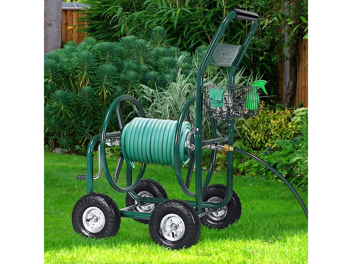 Slangwagen voor tuinslang, 80 m, voor 5/8 inch slang, slanghaspel met mand, slanghouder metaal, slanghaspel met 189 cm aansluitslang