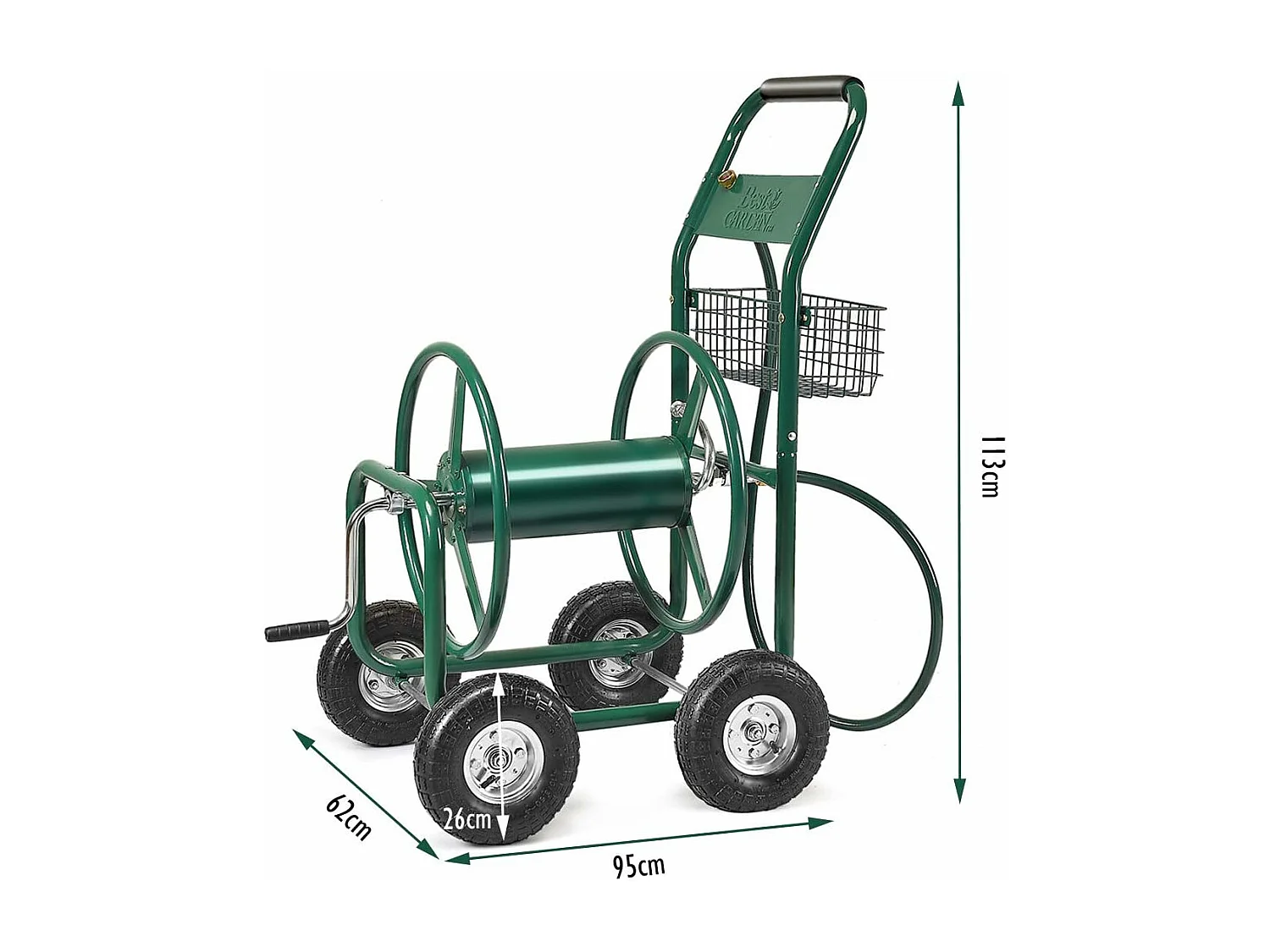 Slangwagen voor tuinslang, 80 m, voor 5/8 inch slang, slanghaspel met mand, slanghouder metaal, slanghaspel met 189 cm aansluitslang