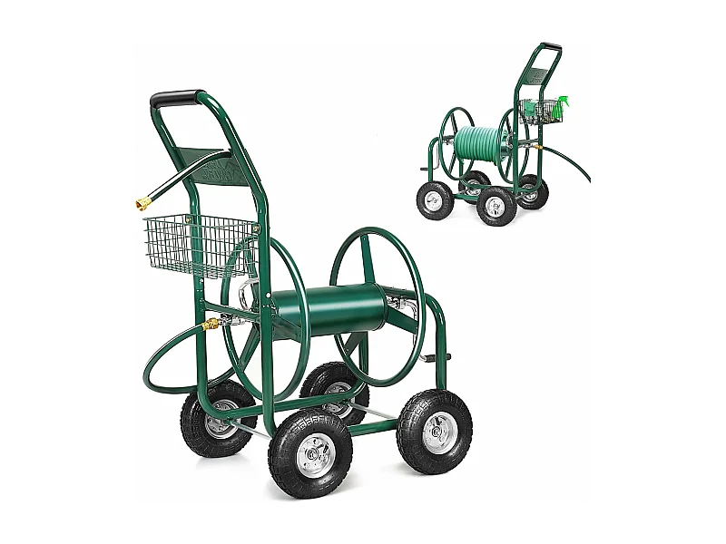 Slangwagen voor tuinslang, 80 m, voor 5/8 inch slang, slanghaspel met mand, slanghouder metaal, slanghaspel met 189 cm aansluitslang