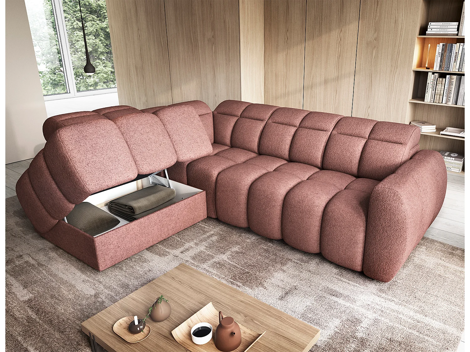 Divano d'angolo Vineam L/Tessuto/Bordeaux